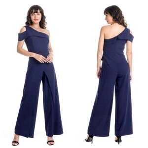 Marina Dresses Navy Blue One Shoulder Flyaway Jumpsuit Style Quiet Chic NEW 16‎
